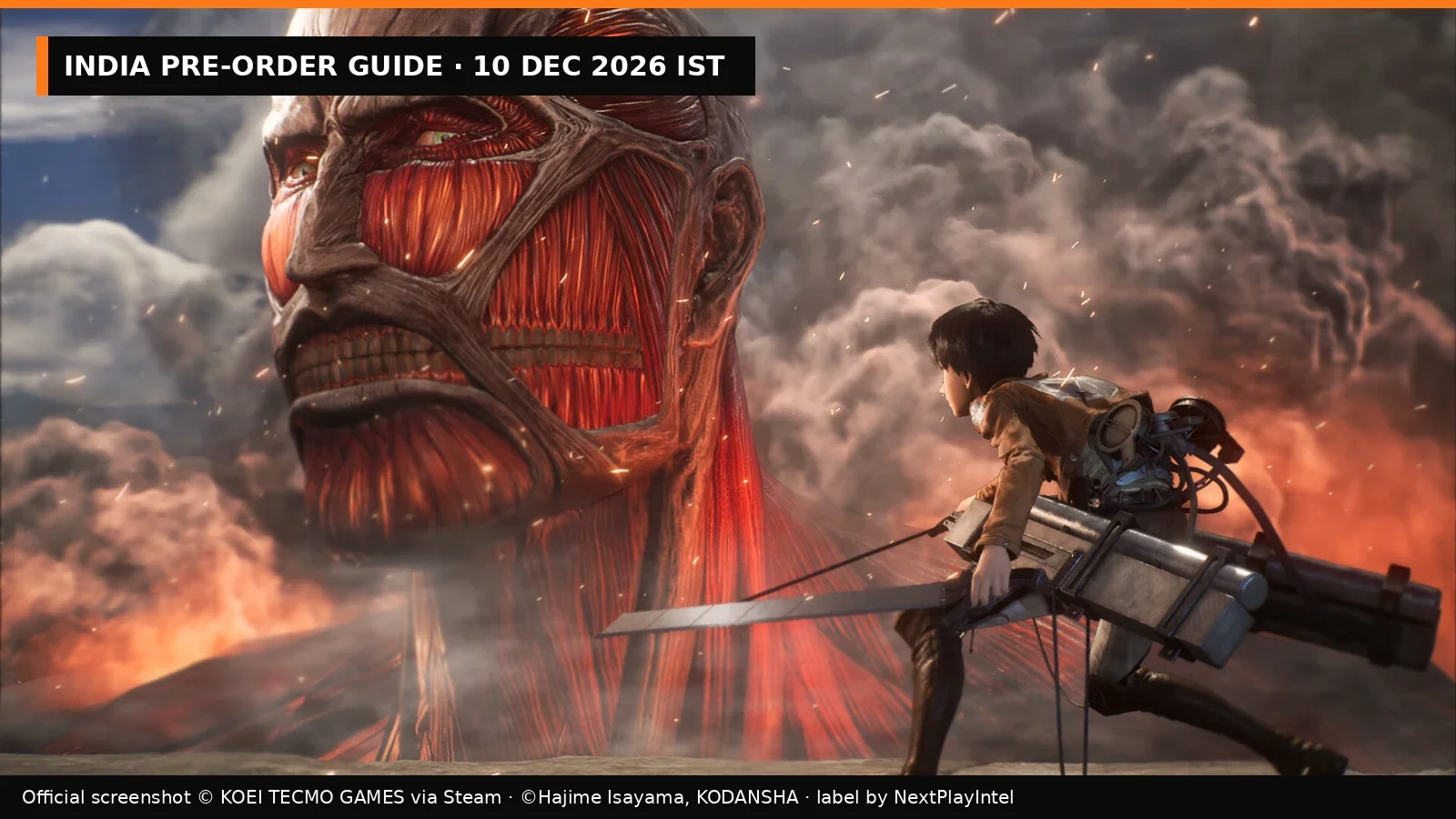 Official A.O.T. 3 screenshot of the Colossal Titan with a NextPlayIntel India pre-order guide label