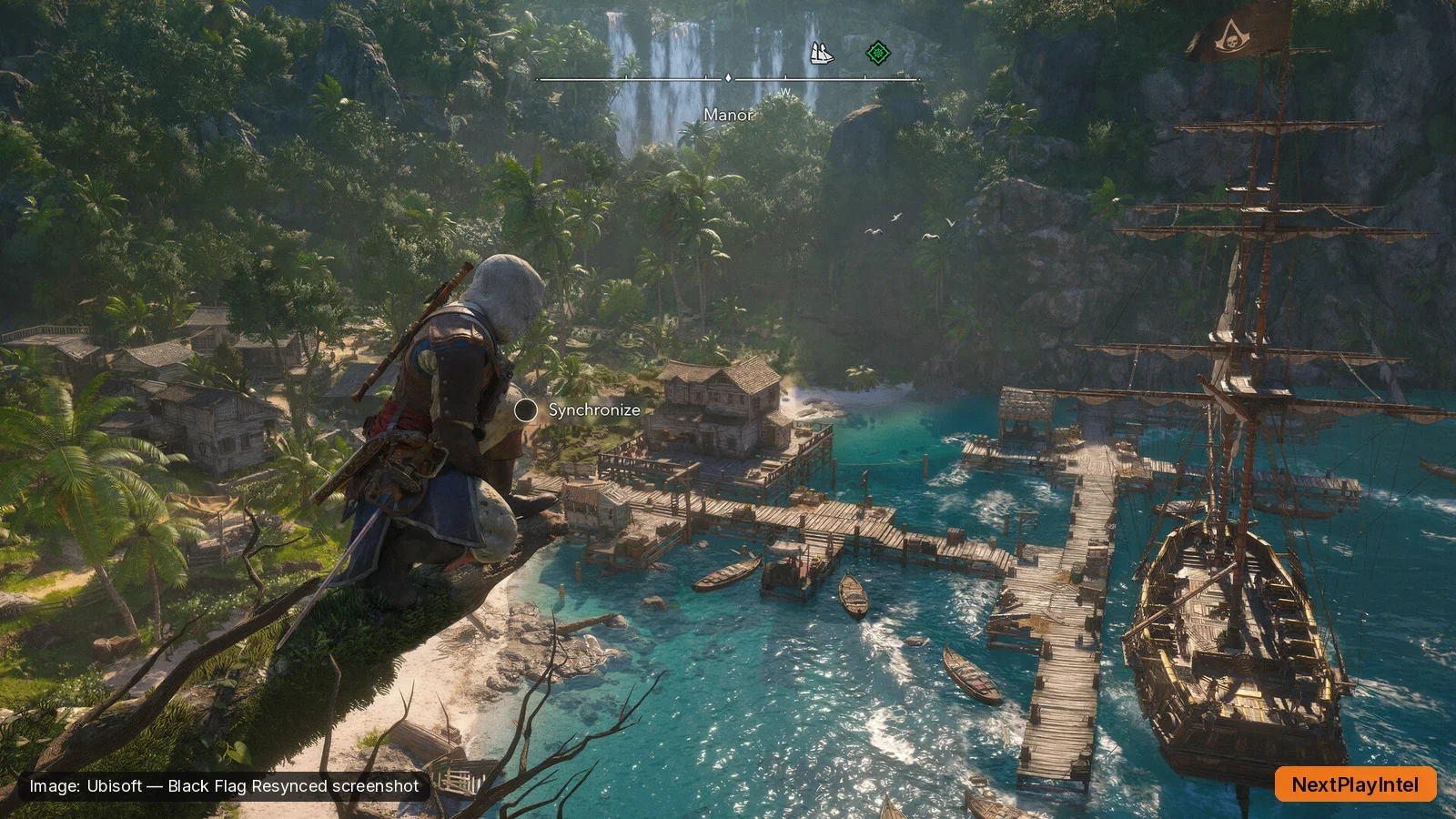 Edward Kenway overlooking a Caribbean harbour in Black Flag Resynced