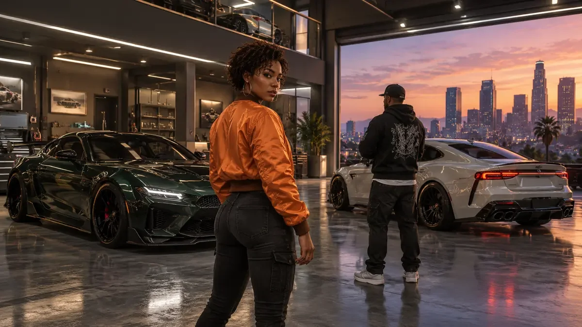 AI illustration inspired by GTA Online, showing two characters and customised cars in a luxury garage.