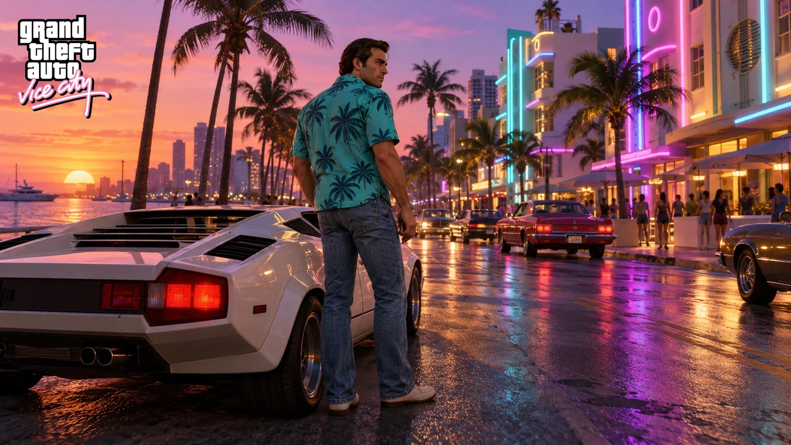 AI illustration of Tommy Vercetti beside a white sports car on a neon-lit boulevard inspired by Vice City.