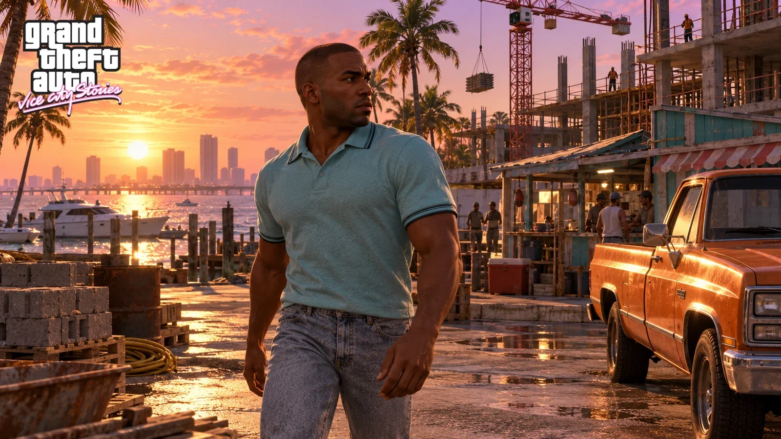 AI illustration of Victor Vance near an orange pickup at a beachside construction site at sunset.