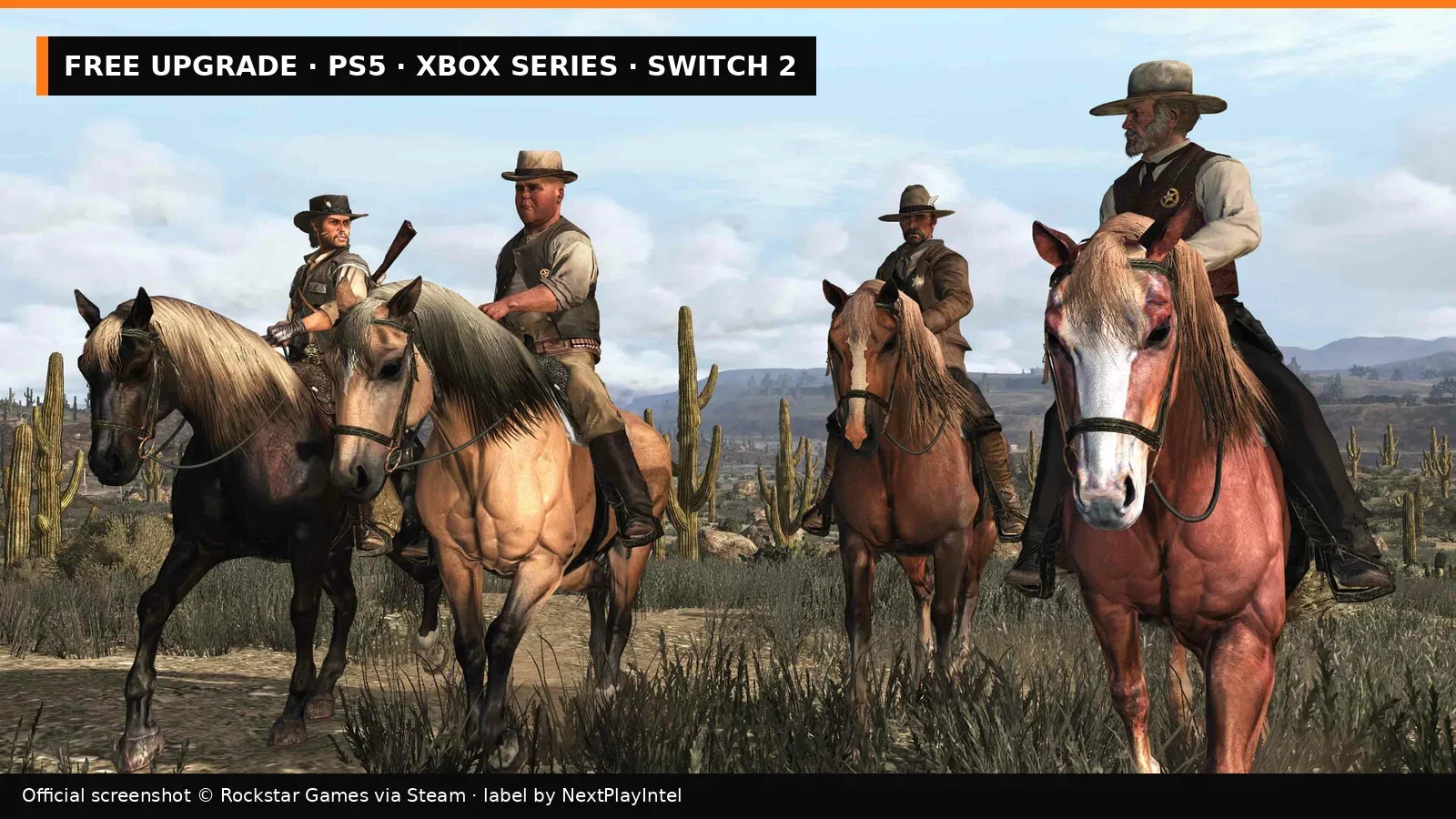 Official Red Dead Redemption screenshot of riders on horseback, with NextPlayIntel free upgrade label