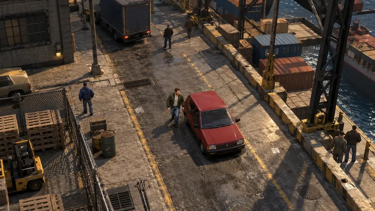 AI illustration inspired by GTA Advance, showing an overhead view of a red car on an industrial dockside street.