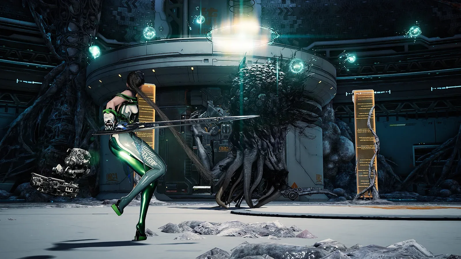 Official Stellar Blade Switch 2 screenshot of EVE in a green-and-black combat suit fighting enemies in a ruined industrial hall