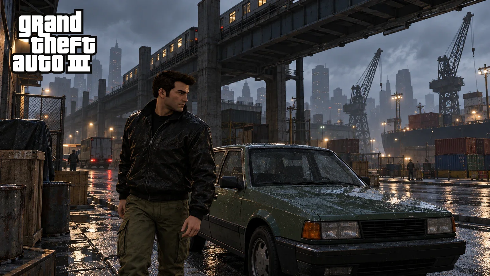 AI illustration of Claude beside a green sedan beneath an elevated railway near city docks.