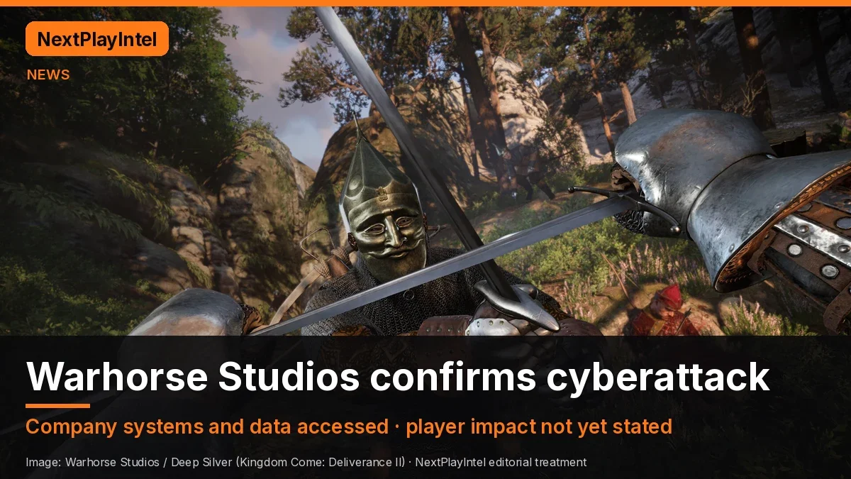 Kingdom Come: Deliverance II official screenshot of a sword fight with a headline saying Warhorse Studios confirms a cyberattack
