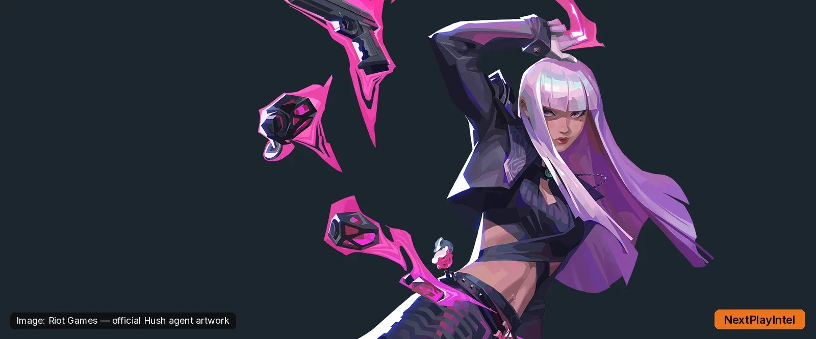 Wide official VALORANT artwork showing Hush in a combat pose with pink telekinetic effects