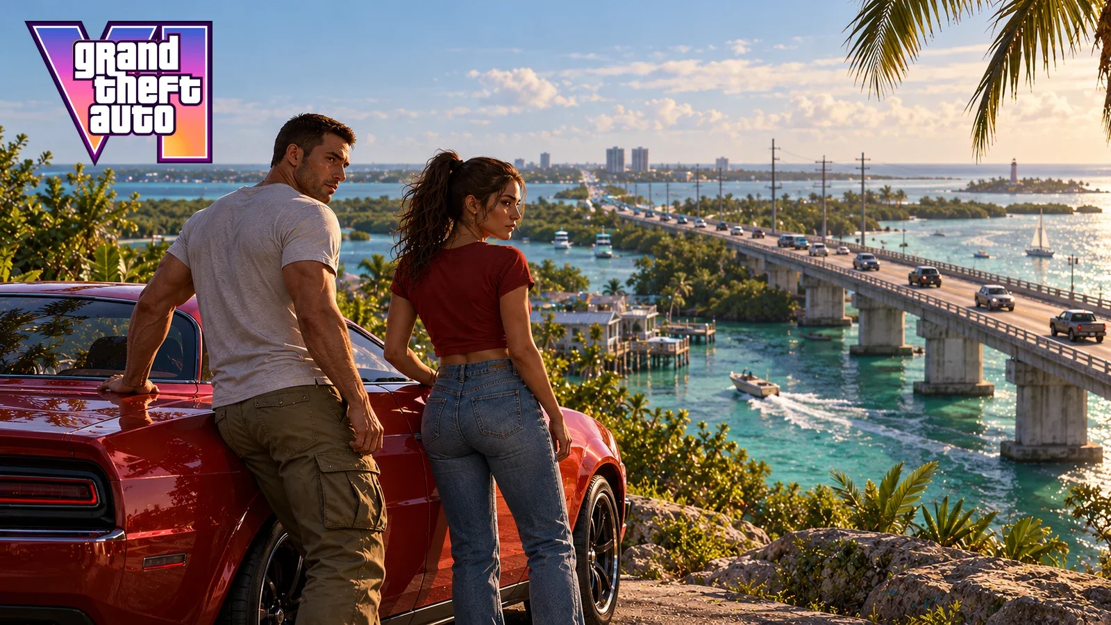 AI illustration of Jason and Lucia beside a red car overlooking a coastal causeway and turquoise water.