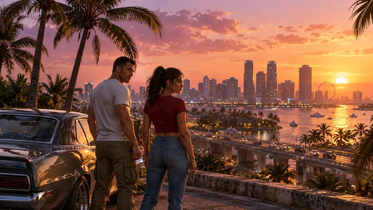 AI illustration of Jason and Lucia beside a classic car overlooking a tropical city at sunset.
