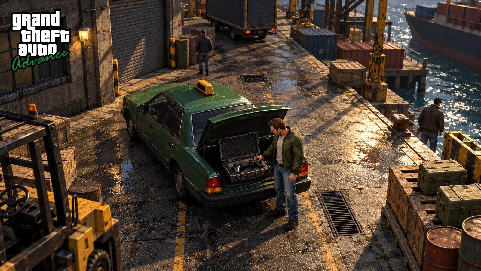 AI illustration inspired by GTA Advance, showing a man beside an open green taxi boot near warehouses.