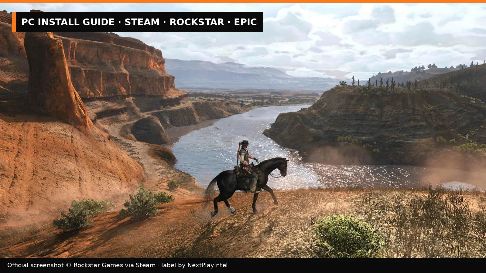 Official Red Dead Redemption screenshot of a rider beside a canyon river, with NextPlayIntel PC install guide label