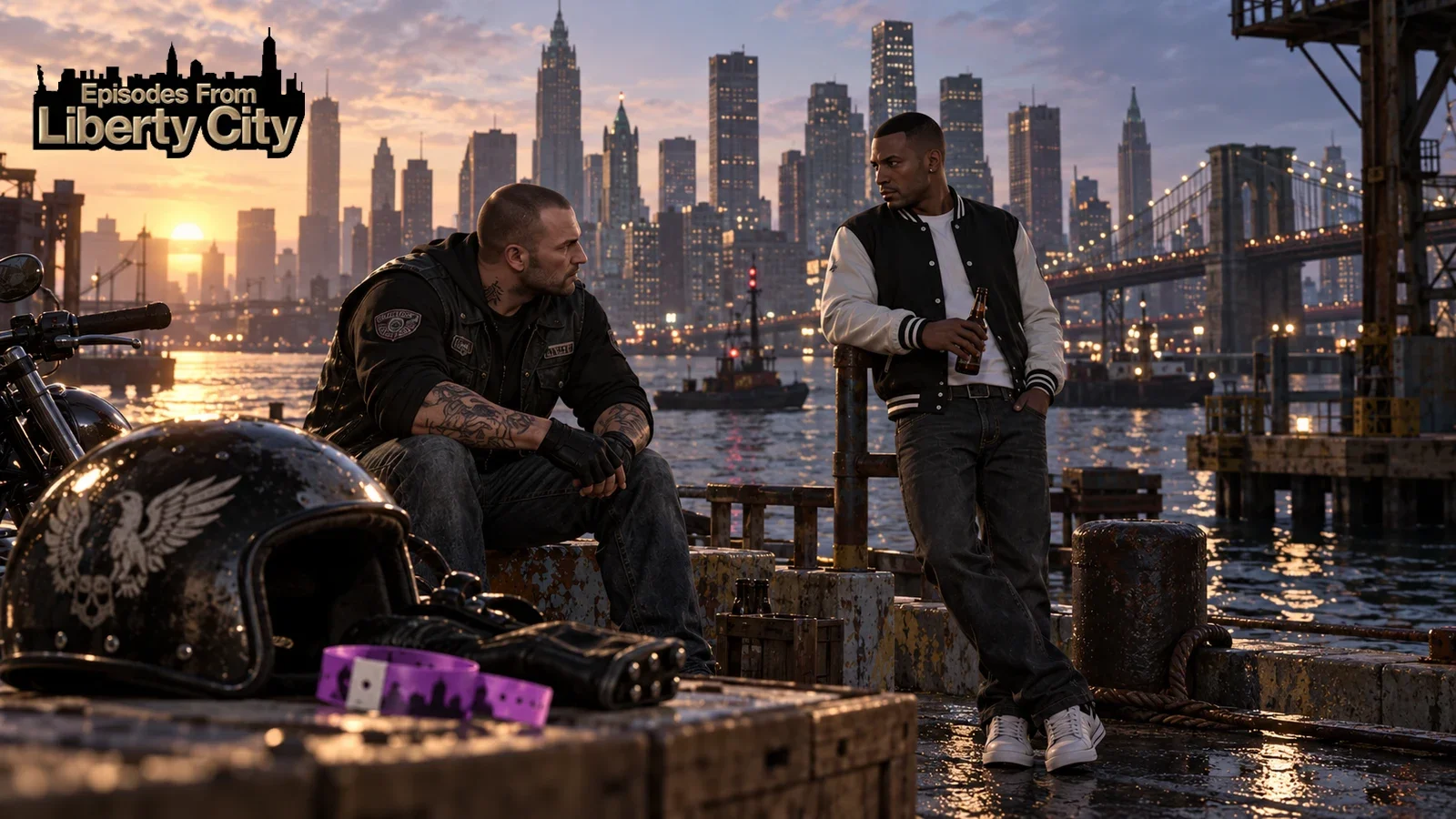 AI illustration of Johnny Klebitz and Luis Lopez at a waterfront, with a motorcycle and equipment in the foreground.
