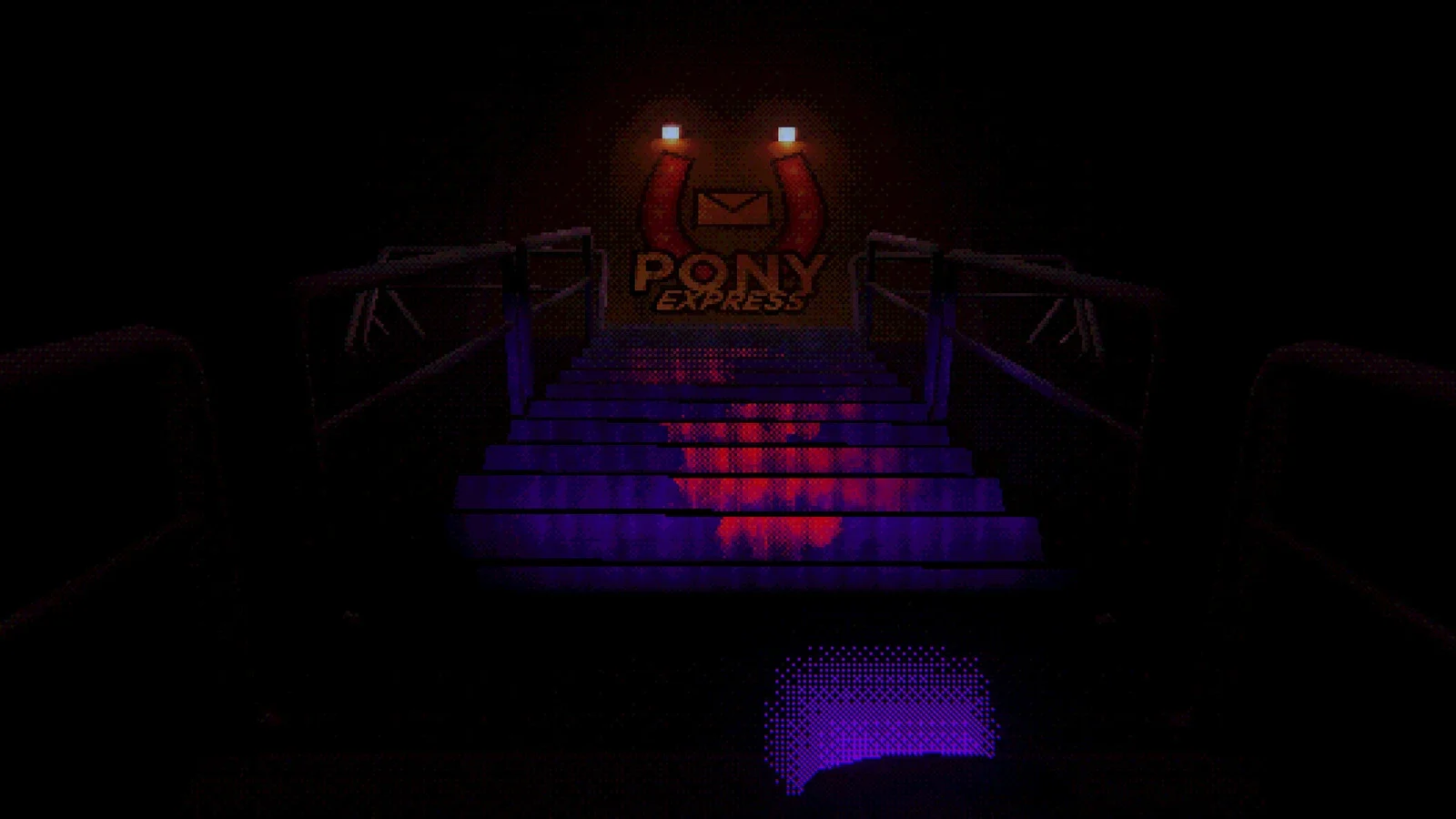 A dark theatre-like room with rows of red seats lit purple, facing a small stage with a glowing sign at the top of the steps