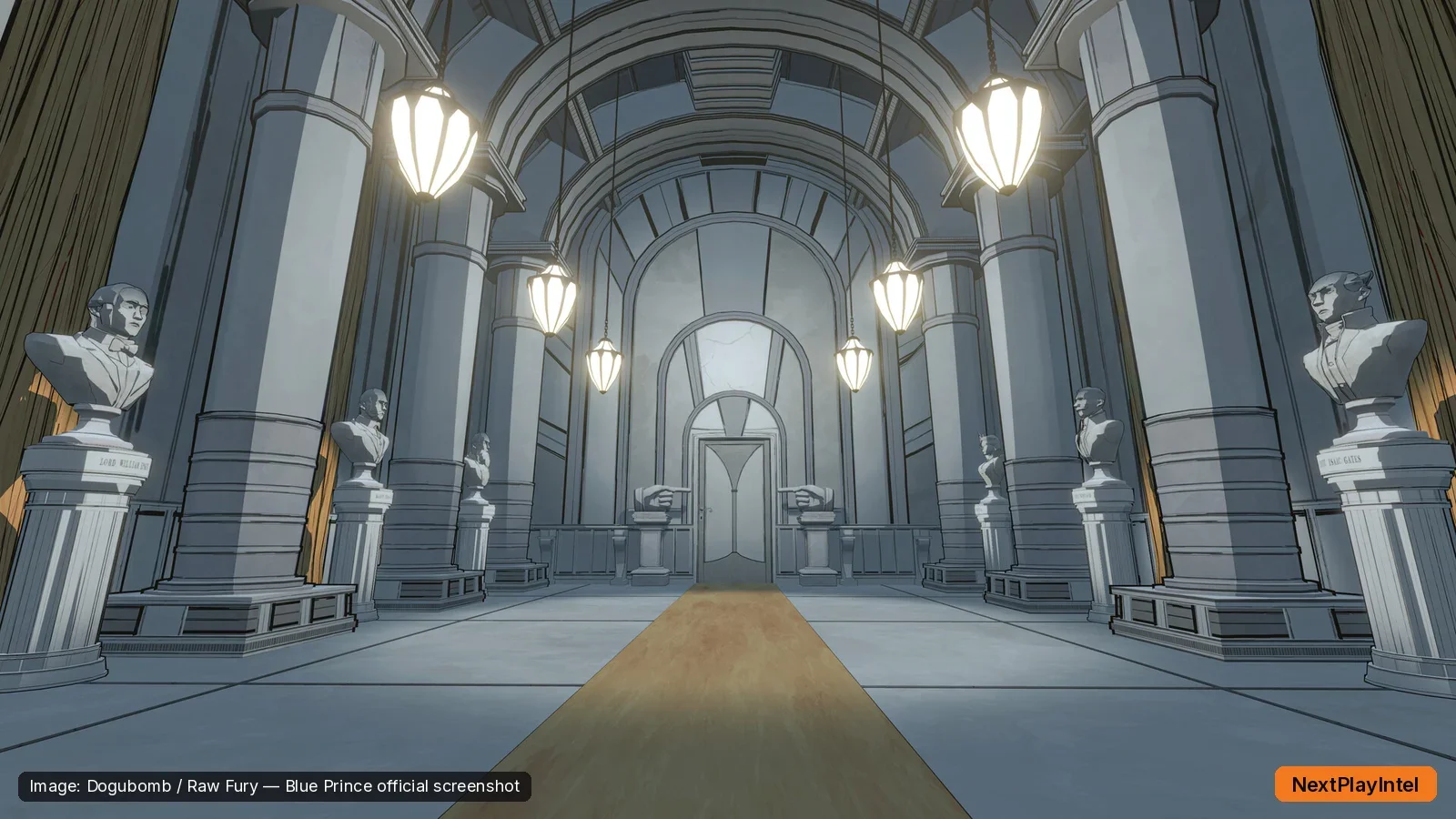 Blue Prince official screenshot of a grand marble hallway with statues