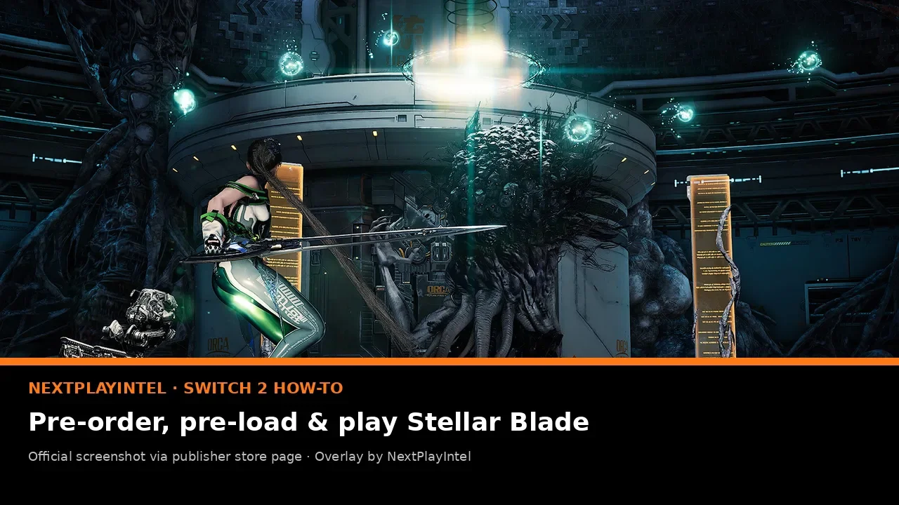 Official Stellar Blade Switch 2 screenshot of EVE in combat inside an industrial hall, with NextPlayIntel Switch 2 how-to label