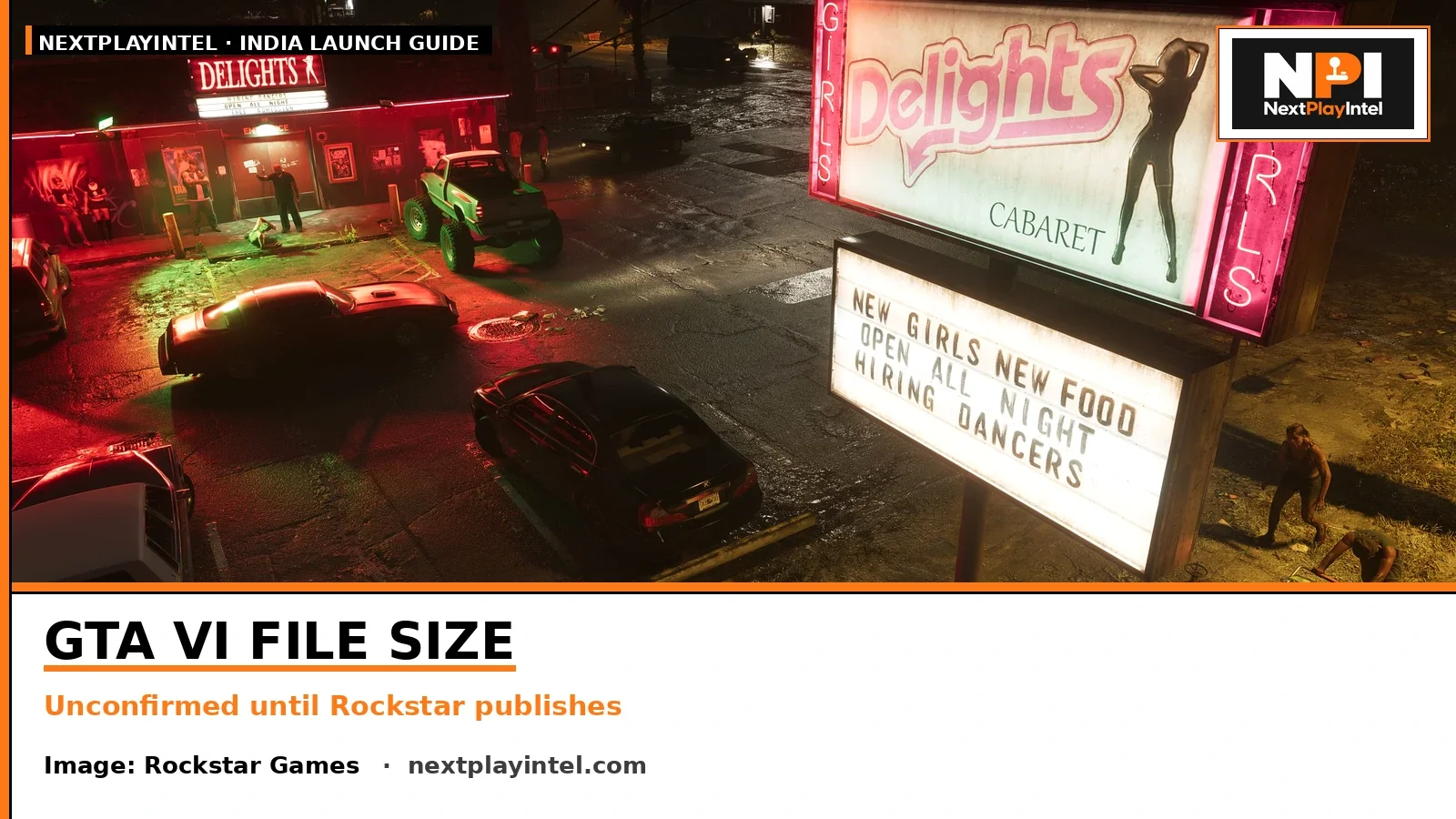 Official Grand Theft Auto VI promotional screenshot used to illustrate the file size and storage guide.