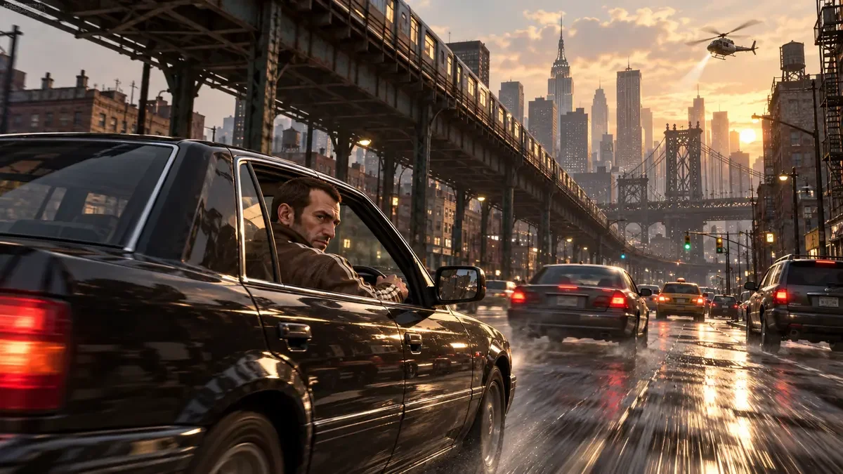 AI illustration of Niko Bellic driving a dark sedan beneath an elevated railway in a rainy city.