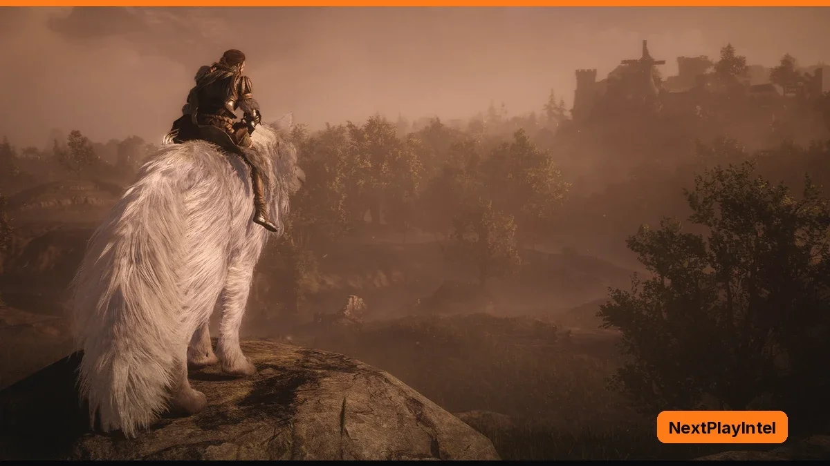 A cloaked rider sits on the back of a huge white wolf standing on a rock, looking over a misty forest valley in warm hazy light