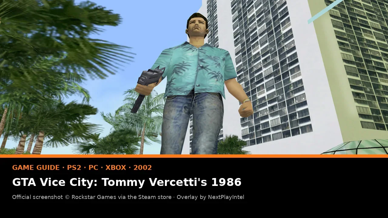 Official GTA Vice City screenshot of Tommy Vercetti in a Hawaiian shirt walking past pastel buildings and palm trees, with a NextPlayIntel guide label