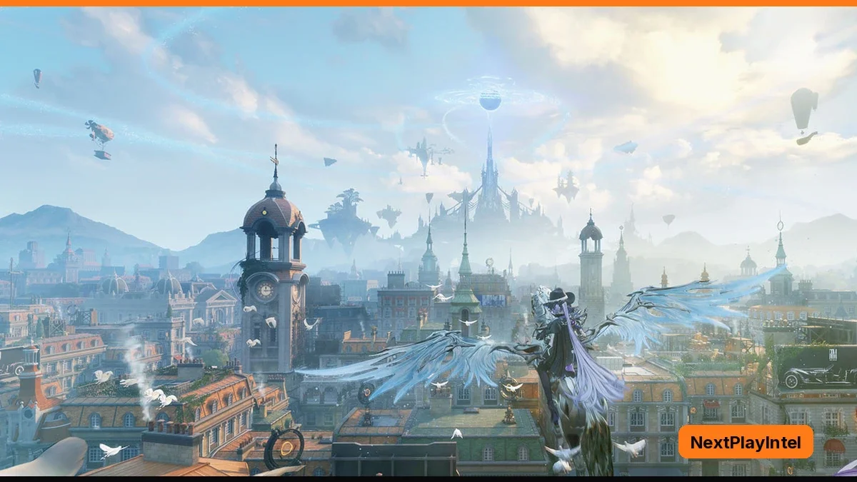Hazy sunlit panorama of a Victorian-style city of domed clock towers and red rooftops, with airships and floating islands in the sky and a winged figure in a top hat gliding over the roofs