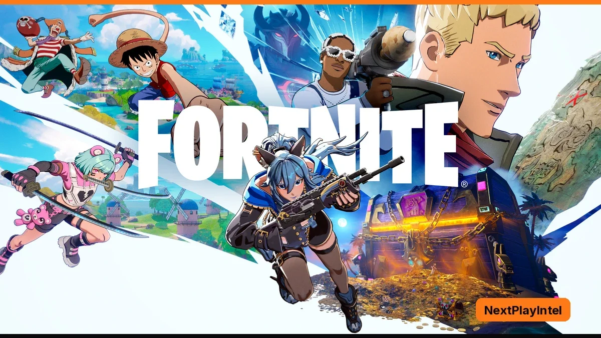 Fortnite key art with Luffy in a straw hat, Buggy the Clown, A$AP Rocky holding a rocket launcher, a pink-haired swordswoman and a blue-haired fighter with a rifle around a chained treasure chest