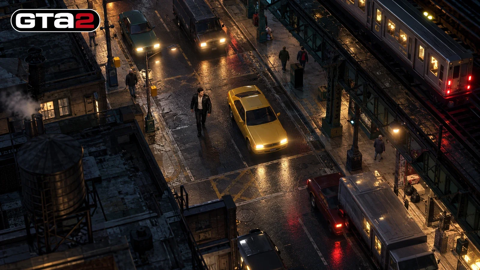 AI recreation: retro futuristic industrial city at night seen overhead with yellow coupe and elevated train. Grand Theft Auto 2 logo.