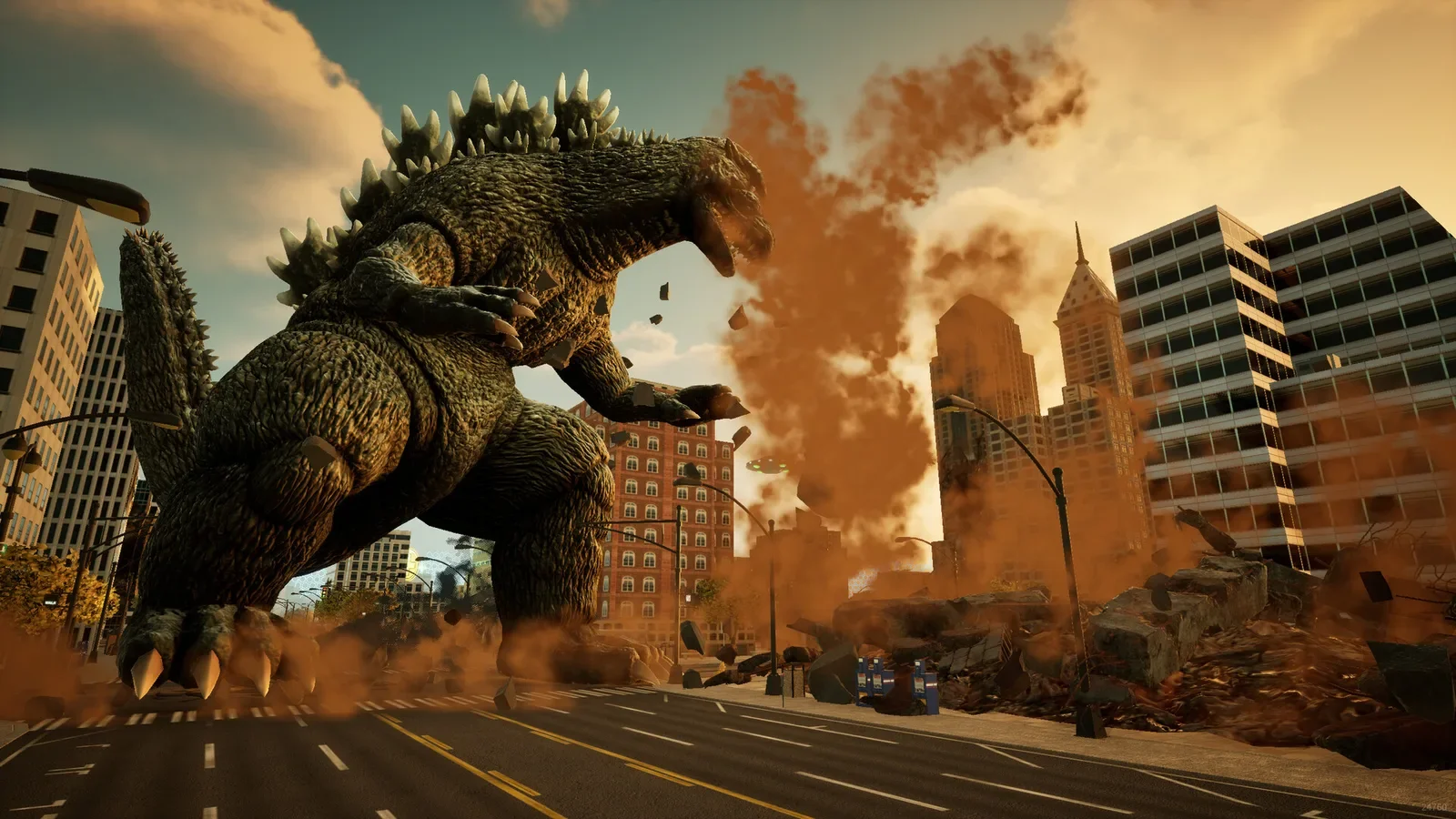 Official Godzilla: Destroy All Monsters Melee Remastered screenshot of Godzilla walking through a smoking city street