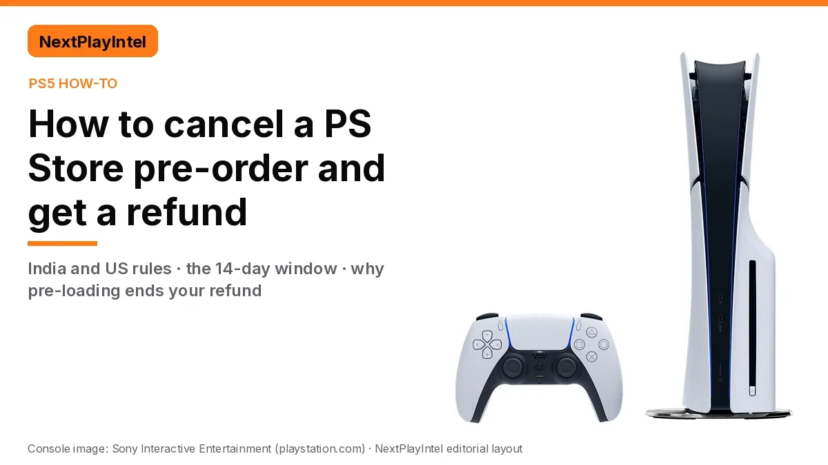 NextPlayIntel title card for a guide to cancelling a PlayStation Store pre-order, showing an official PS5 console and DualSense controller on a white background