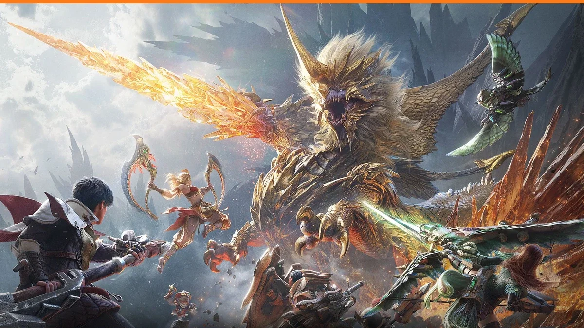 Several hunters leap at a golden-maned winged monster breathing a jet of fire across a rocky battlefield