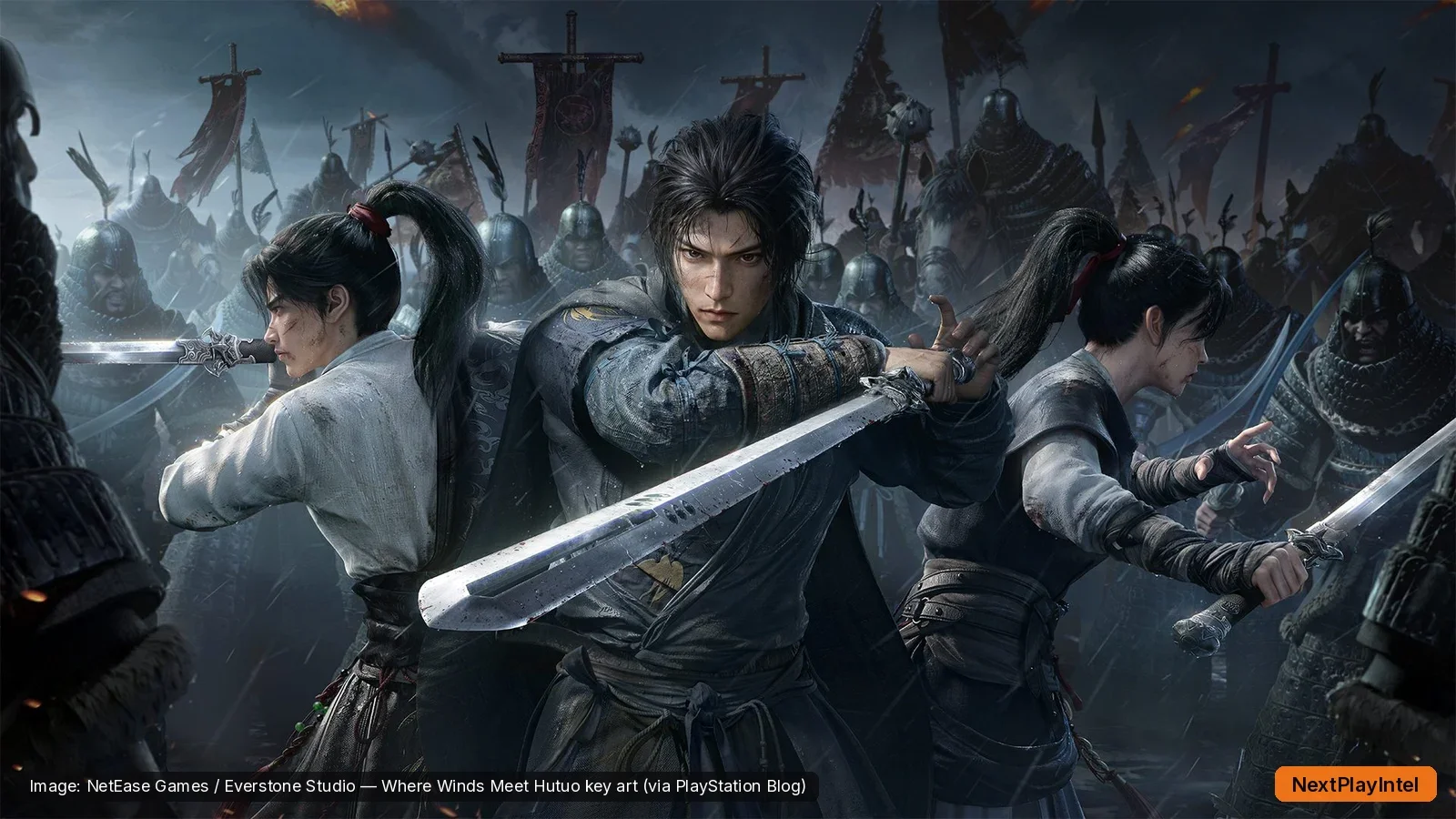 Where Winds Meet Hutuo official key art showing three swordfighters in the rain with an armoured army and war banners behind them