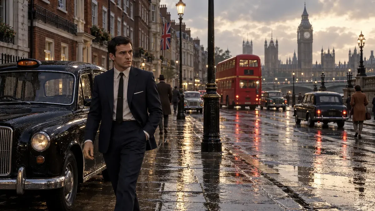 AI illustration inspired by GTA London 1969, showing a suited man beside a black cab, with a red bus behind him.
