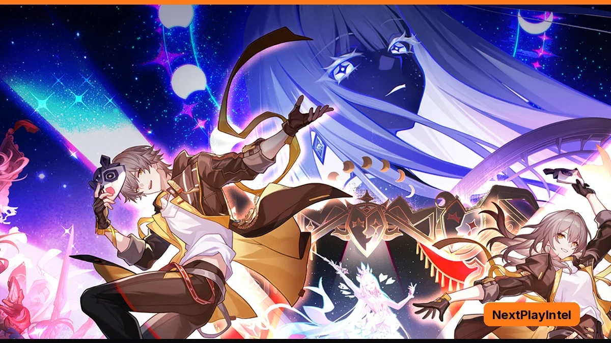 Two anime-style heroes in brown and gold jackets leap across a starry purple stage under a giant blue-haired masked figure and glowing moons