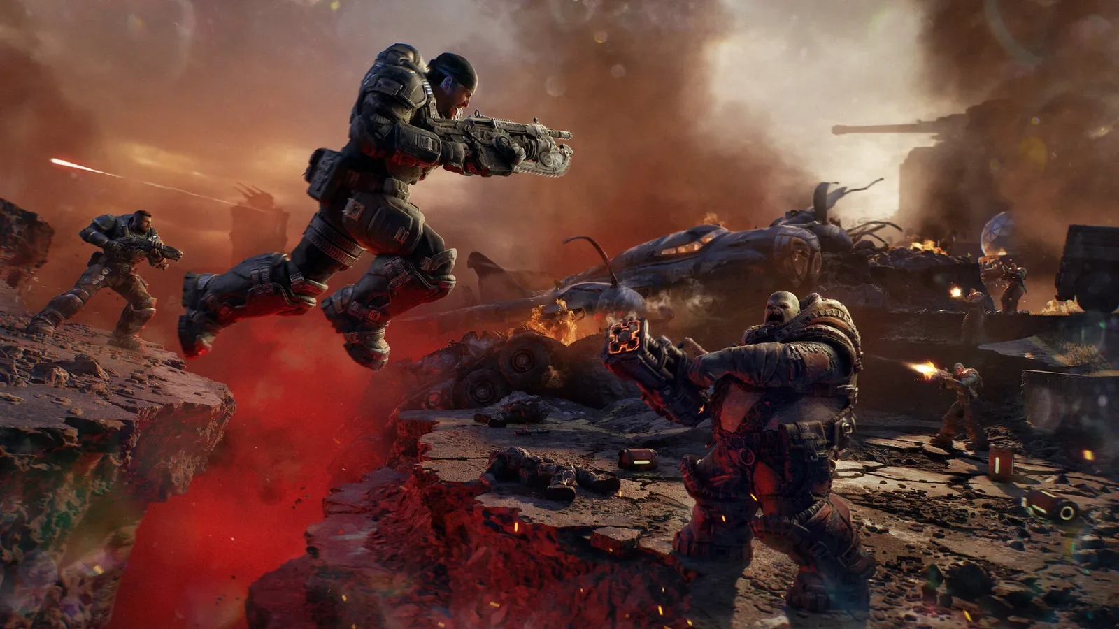 Official Gears of War: E-Day screenshot of a COG soldier leaping over rubble while firing at the Locust