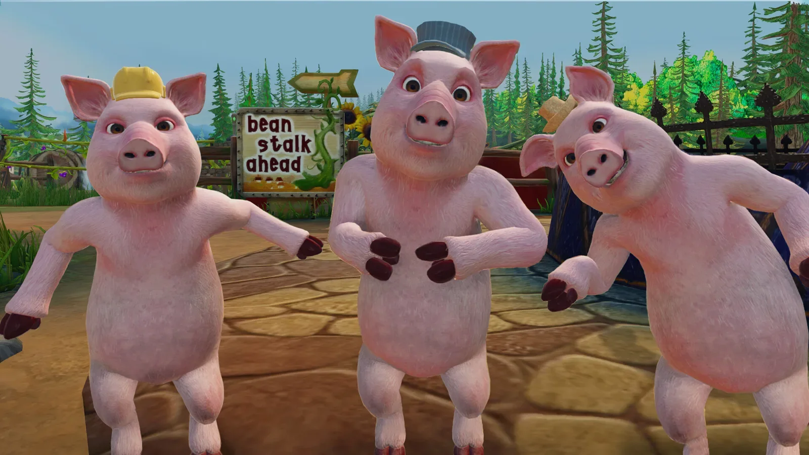 Official Shrek 2 Remastered screenshot of the Three Little Pigs dancing in front of a Bean Stalk Ahead sign