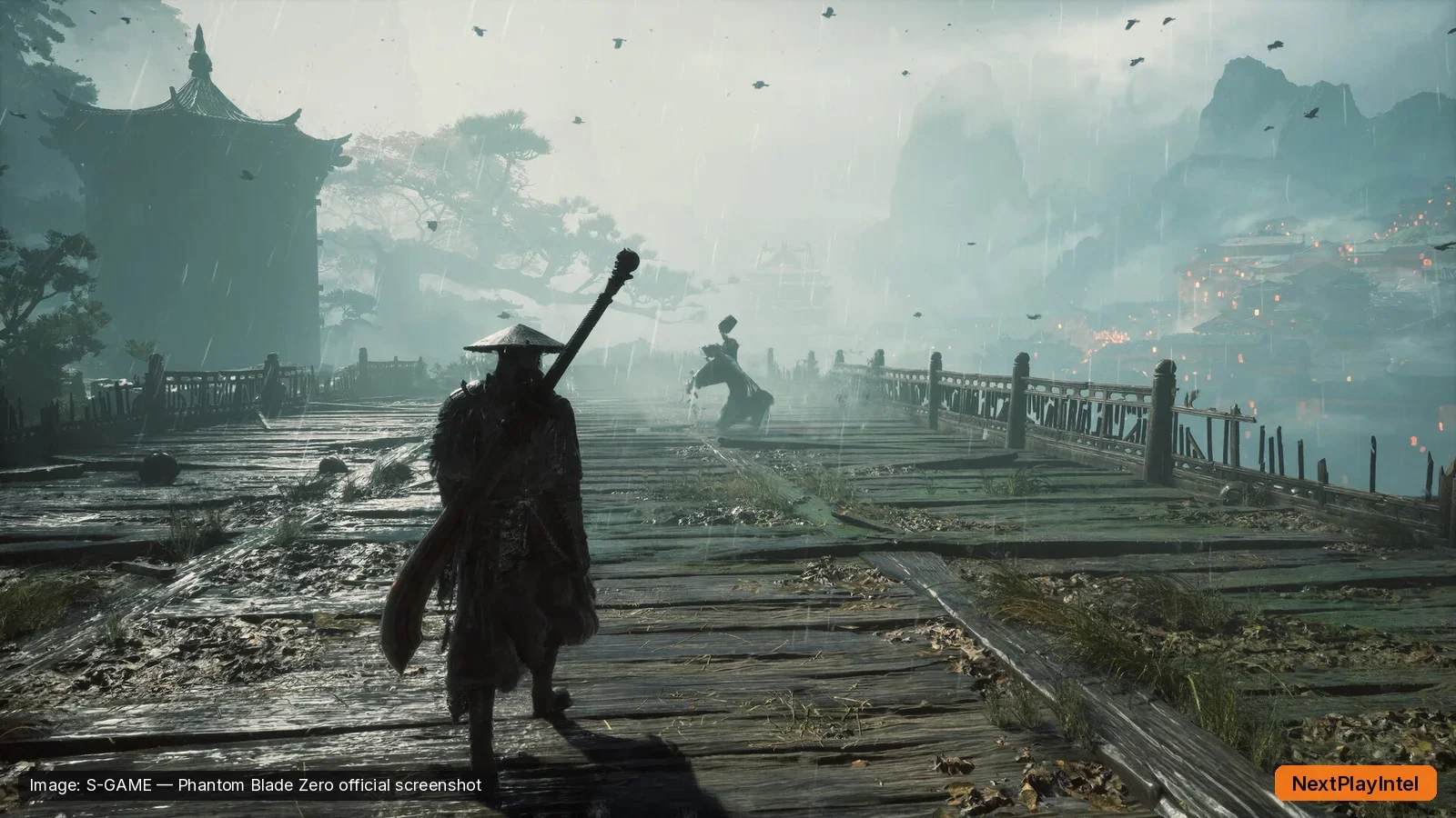 Phantom Blade Zero official screenshot of Soul walking along a misty wooden bridge