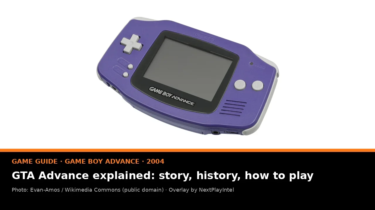 Photo of a purple Nintendo Game Boy Advance handheld, the only console GTA Advance was released on, with a NextPlayIntel guide label