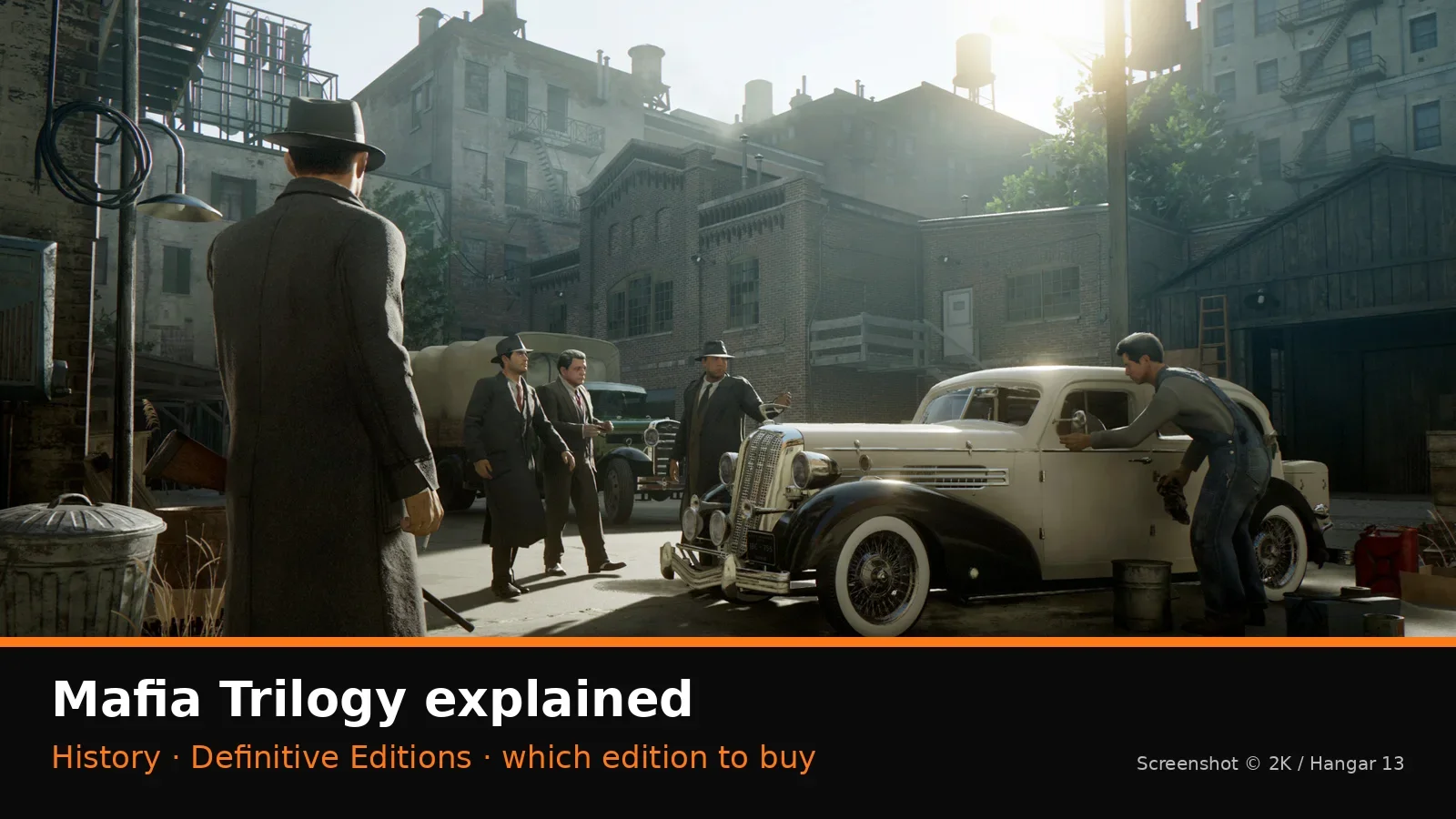 Official Mafia: Definitive Edition screenshot of Tommy Angelo walking past a 1930s car in Lost Heaven, with NextPlayIntel explainer label