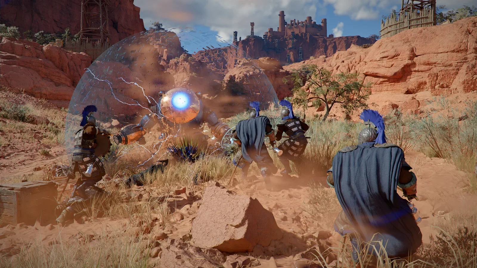 Official Crimson Desert screenshot of armoured knights fighting in a red-rock canyon