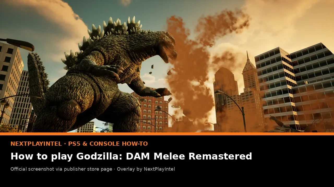 Official Godzilla: Destroy All Monsters Melee Remastered screenshot of Godzilla in a city street, with NextPlayIntel PS5 how-to label