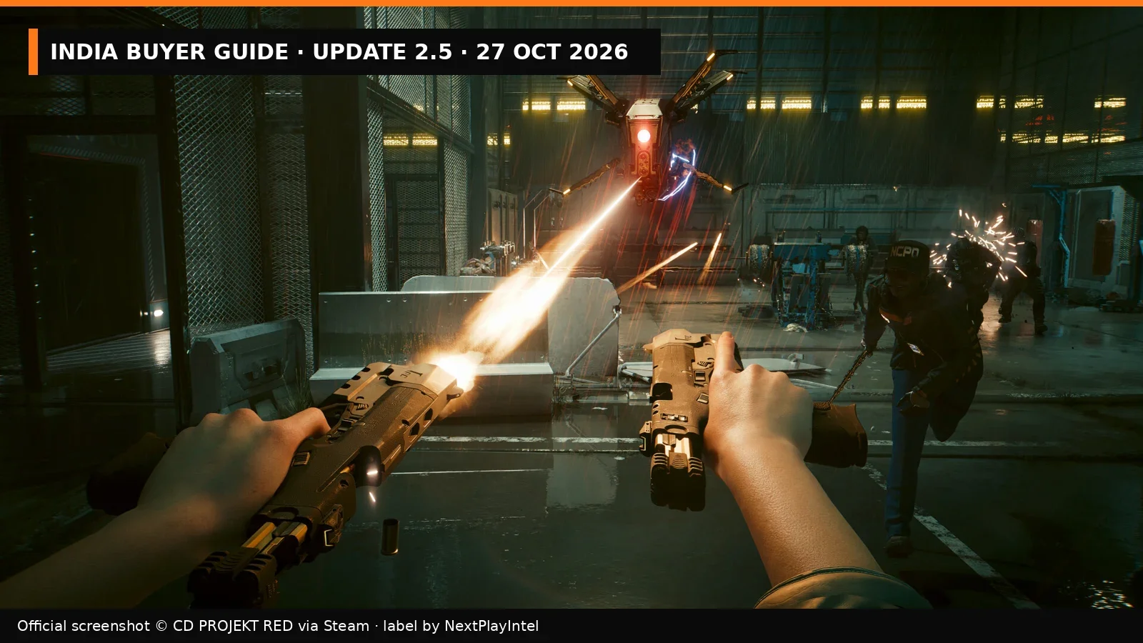 Official Cyberpunk 2077 dual-wielding screenshot with a NextPlayIntel India buyer guide label