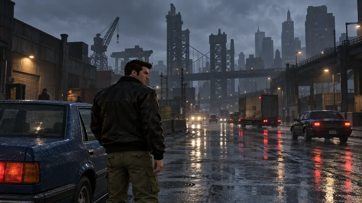 AI illustration of Claude beside a blue sedan on a rainy dockside street inspired by GTA III.