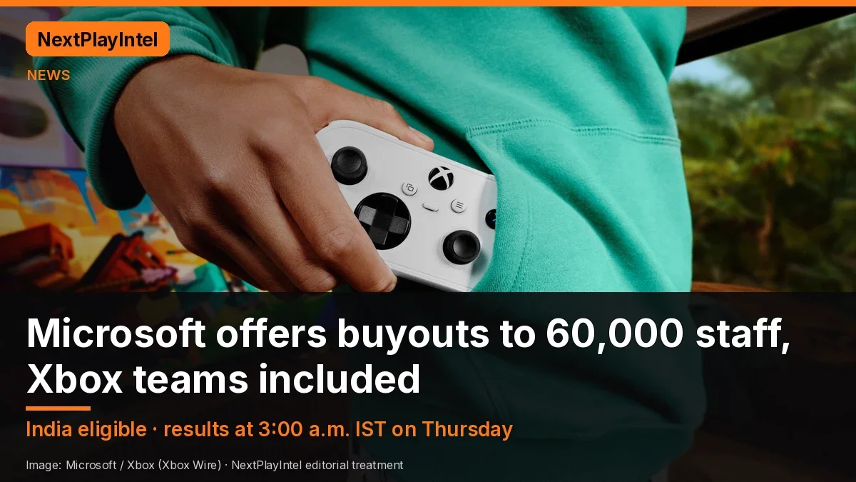 Official Xbox photo of a player holding an Xbox controller, with a headline about Microsoft offering buyouts to 60,000 staff including Xbox teams