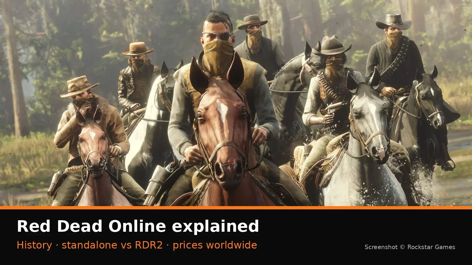 Official Red Dead Online screenshot of a masked posse riding through a forest, with NextPlayIntel explainer label
