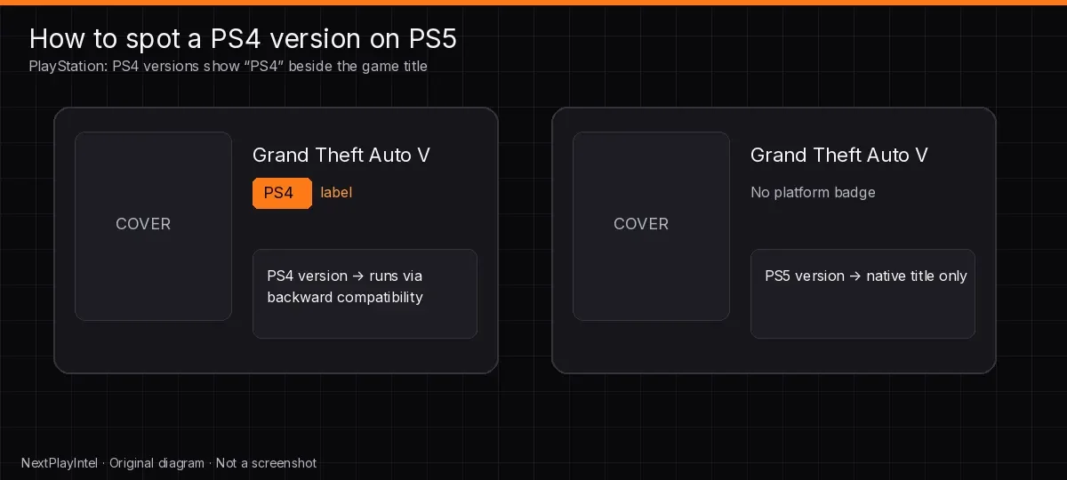 Sketch of a PS5 game library tile with a small PS4 label next to the title, showing how to spot a backward-compatible version