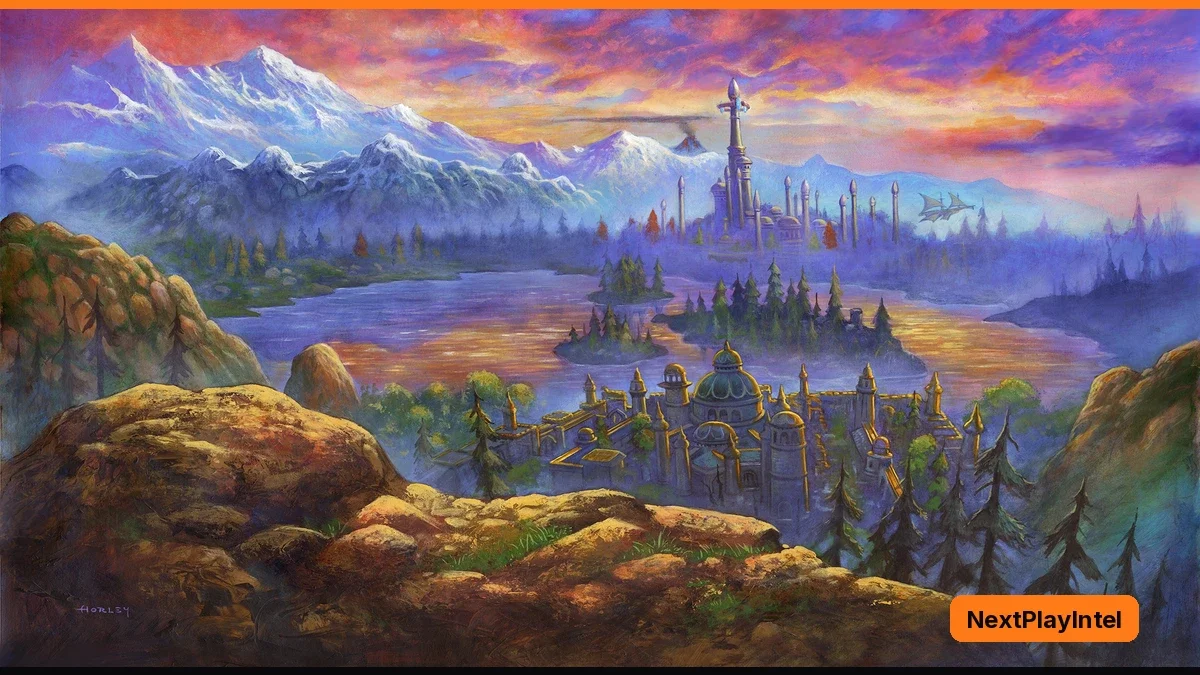 Painted fantasy landscape of a lake valley with tall white spires on an island, autumn forests and snow-capped mountains under a purple and orange sunset sky