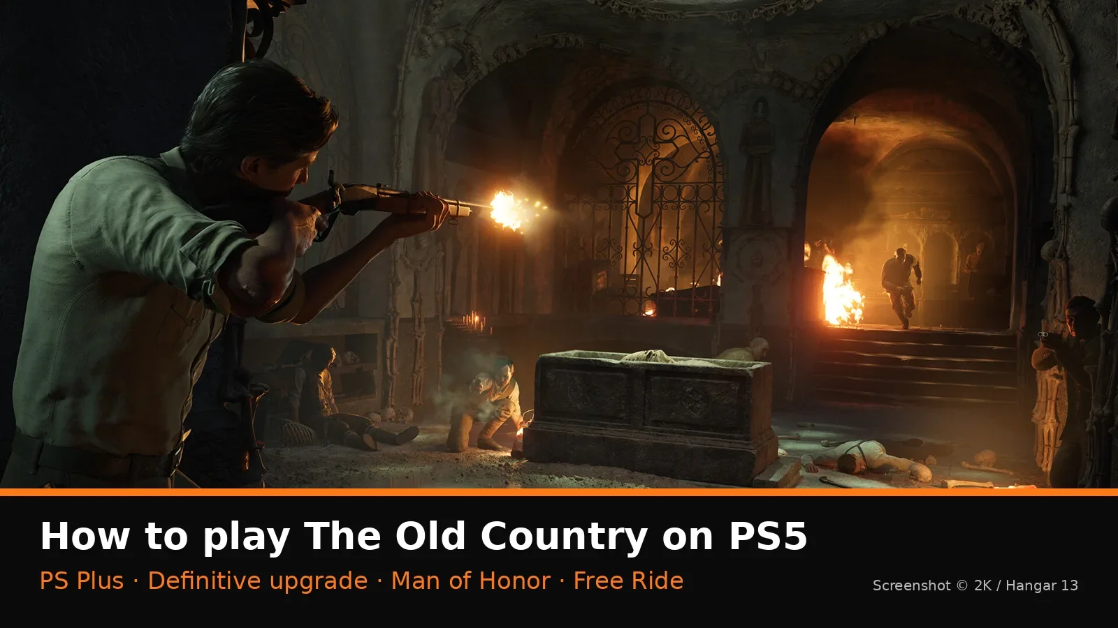 Official Mafia: The Old Country screenshot of Enzo firing a pistol from cover inside a burning ruined church, with NextPlayIntel PS5 how-to label
