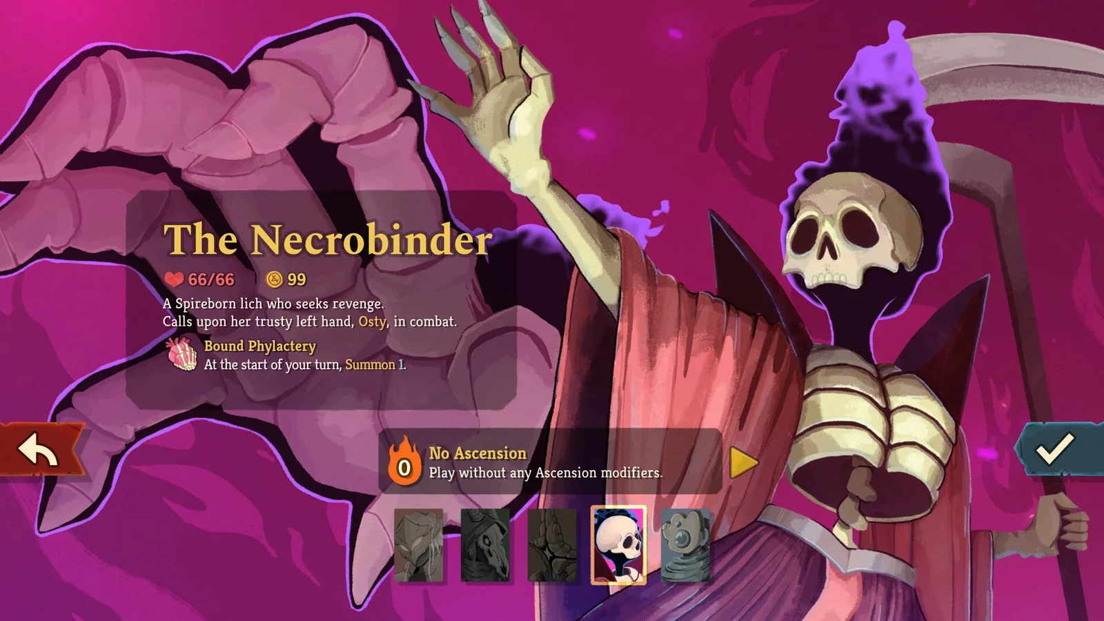 Character select screen showing The Necrobinder, a skeletal figure in a purple cloak holding a scythe, with ascension options and a confirm button