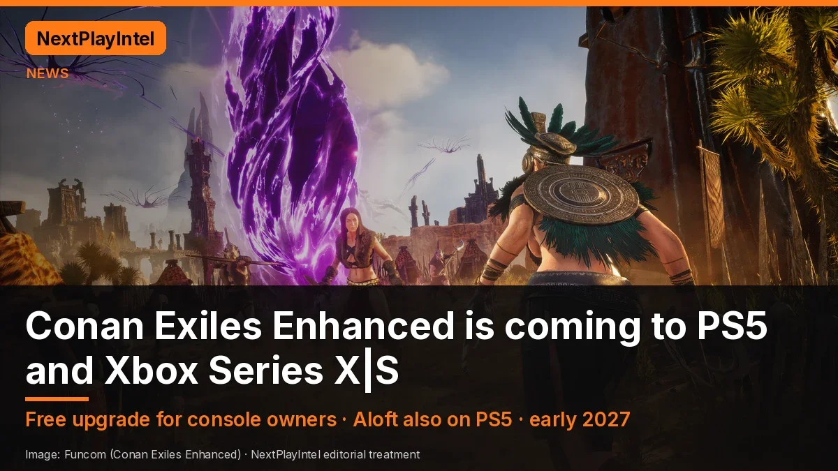 Conan Exiles Enhanced official screenshot of warriors near a glowing purple crystal, with a headline saying the game is coming to PS5 and Xbox Series X|S