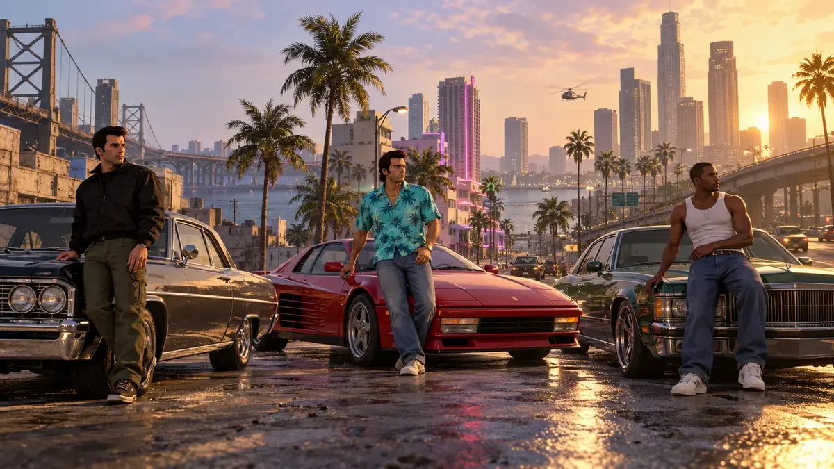 AI illustration of Claude, Tommy Vercetti and CJ beside classic cars on a coastal city street.