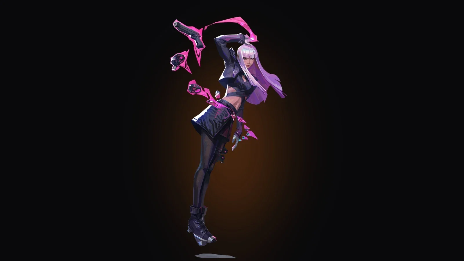 Full-body artwork of VALORANT agent Hush, a woman with long lilac hair surrounded by pink telekinetic effects on a dark background